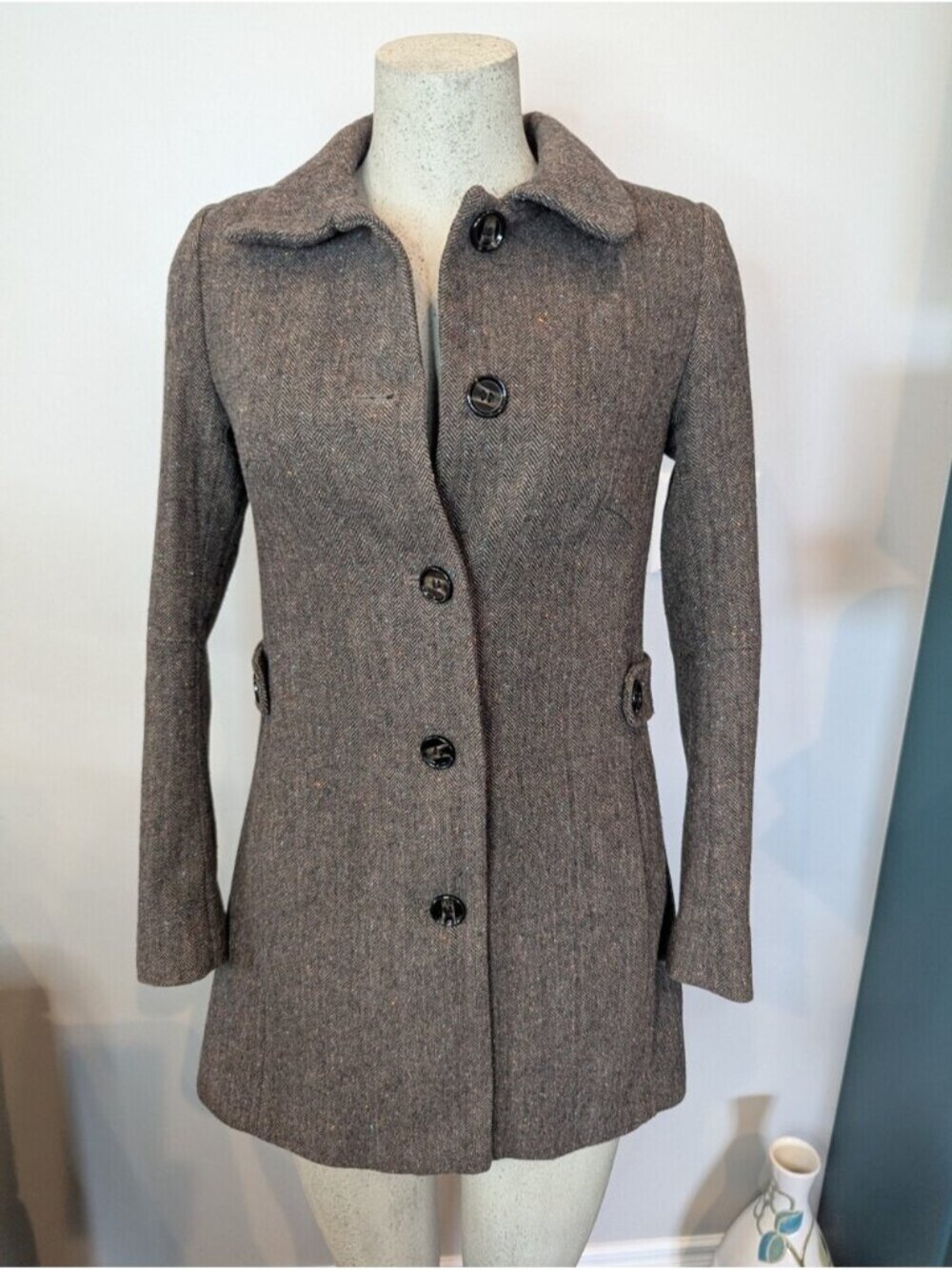 H&M Tailored Herringbone Tweed Coat Wool Brown Jacket With Color Flecks Size 4